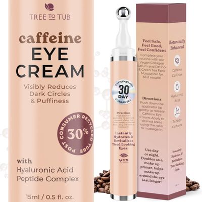 Tree to Tub Caffeine Eye Cream - Hydrating &amp; Firming Under Eye Cream for Dark Circles, Eye Roller for Puffy Eyes, Reduces the Look of Puffiness and Bags, Coffee Eye Cream w/Hyaluronic Acid, Peptides