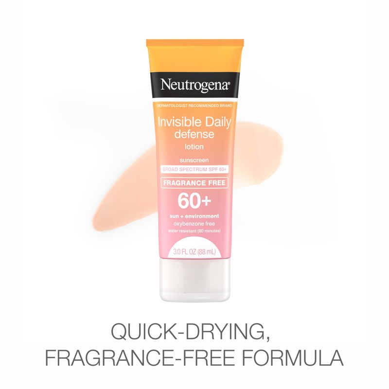 Neutrogena Invisible Daily Defense Fragrance-Free Sunscreen Lotion, Broad Spectrum SPF 60+, Oxybenzone-Free &amp; Water-Resistant, Sun &amp; Environmental Aggressor Protection, 3.0 fl. oz