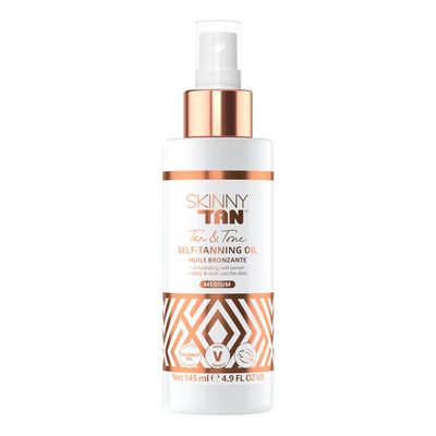 Skinny Tan Tan and Tone Self Tanning Oil Spray - No Need to Rinse - Hydrating and Toning Self Tanner for Healthier Looking Skin - Blurs Appearance of Stretch Marks - Medium Self Tan - 4.9 oz