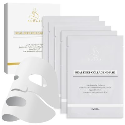 SUDAJI Real Deep Collagen Mask (37g*5ea), Bio-Collagen Face Mask with Probiotics, Overnight Hydrogel Mask for Elasticity, Firming, and Moisturizing