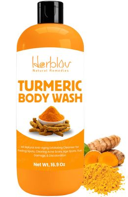 Herblov Turmeric Body Wash - Skin Brightening Turmeric Liquid Soap for Discoloration - Natural Anti Aging Exfoliating Turmeric Body Wash for Spots, Acne, Sun Damage - Turmeric Soap Skincare