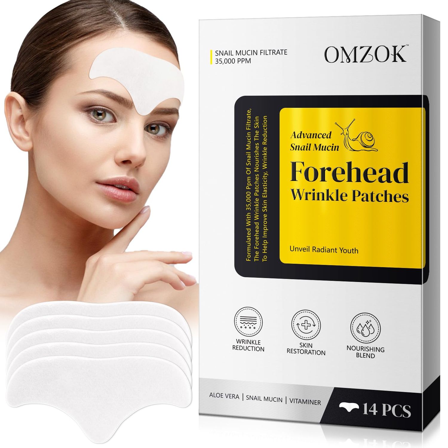 Marianp Forehead Wrinkle Patches With Snail Mucin - Smooth Fine Lines &amp; Wrinkles, Anti-Wrinkle Patches with Collagen,Aloe,Vitaminer, Anti Wrinkle Patches - For Overnight Use, 14 Patches