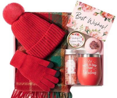 Valentines Day Gifts for Her, Relaxing Spa Gifts for Women Self Care Gifts Care Package Unique Birthday Gifts for Women Friend Her Mom Sister Wife Daughter w/Winter Beanie Hat Plaid Scarf Gloves Set