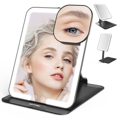 Mocado Travel Makeup Mirror with Light - 7x5 inches Tripple Folding Travel Mirror with Light, 3 Colors Lighted Makeup Mirror, Portable Makeup Mirror with Light, Freely Adjust Height and Angle(Black)