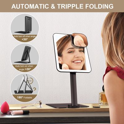 Mocado Travel Makeup Mirror with Light - 7x5 inches Tripple Folding Travel Mirror with Light, 3 Colors Lighted Makeup Mirror, Portable Makeup Mirror with Light, Freely Adjust Height and Angle(Black)