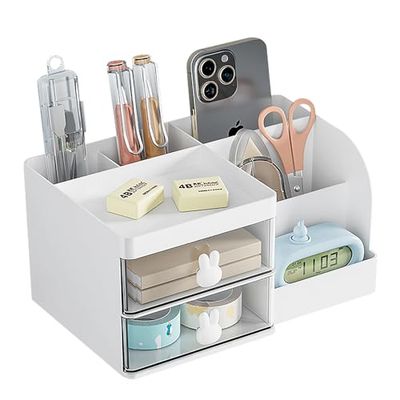 Makeup Storage Organizer with 2 Drawers, Desk Vanity Countertop Skin Care Cosmetic Display Case Make up Stands for Hair Accessories Lipstick Lotions Beauty Skincare Organizing (White)