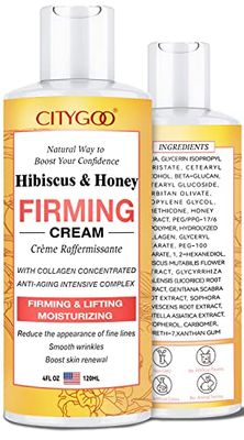 Hibiscus and Honey Firming Cream, Skin Tightening Lotion, Reduces the Look of Neck Lines, Tightens &amp; Smooths - With Collagen &amp; Hyaluronic Acid -4 FL OZ/120 ML