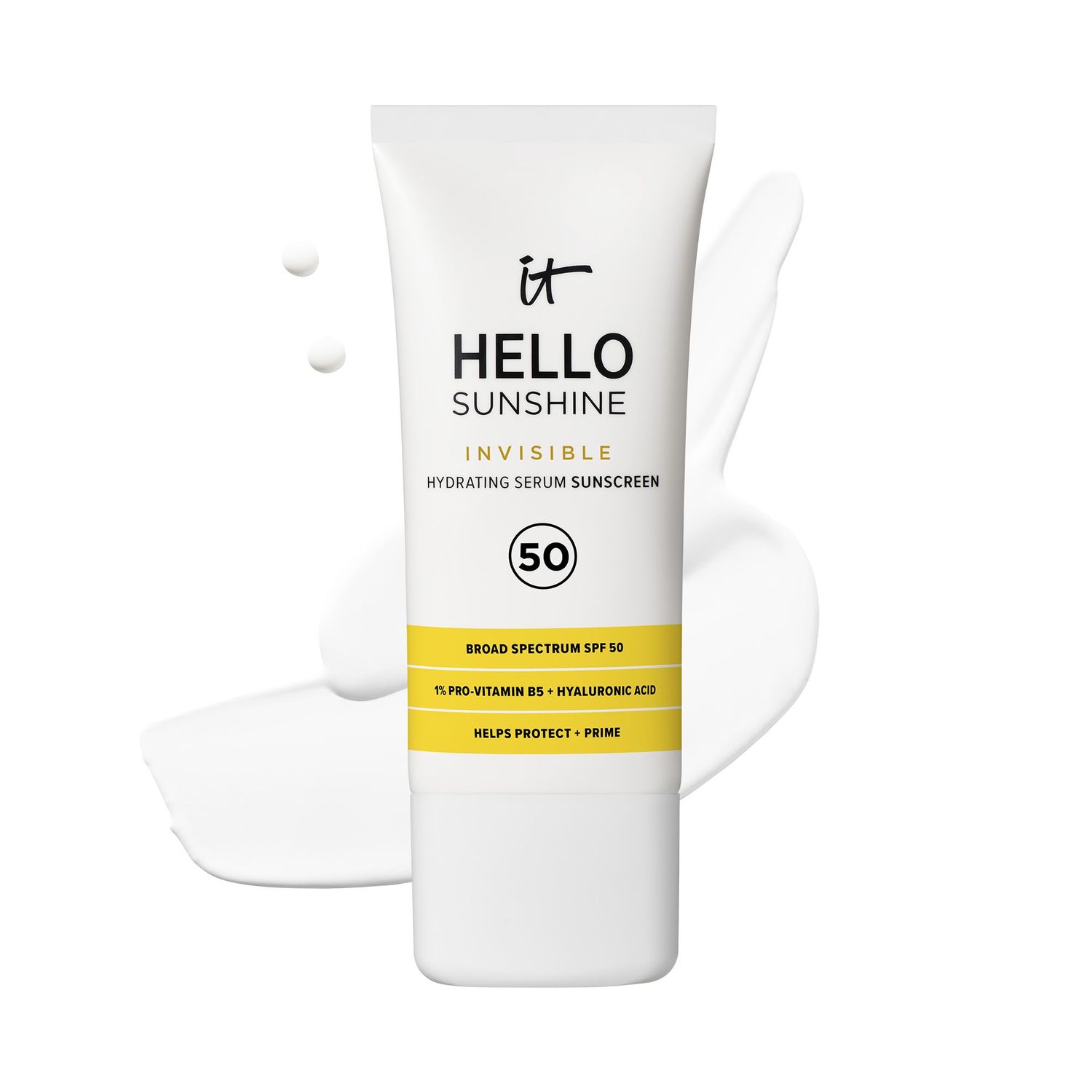 IT Cosmetics Hello Sunshine Invisible Sunscreen for Face SPF 50 - Sunscreen, Hydrating Serum &amp; Makeup Primer - 1% Pro-Vitamin B5 &amp; Hyaluronic Acid - HSA/FSA Eligible - No White Cast - 1.69 fl oz