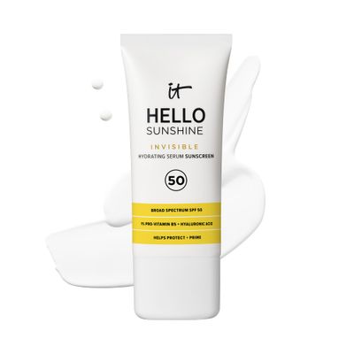 IT Cosmetics Hello Sunshine Invisible Sunscreen for Face SPF 50 - Sunscreen, Hydrating Serum &amp; Makeup Primer - 1% Pro-Vitamin B5 &amp; Hyaluronic Acid - HSA/FSA Eligible - No White Cast - 1.69 fl oz