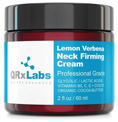 QRxLabs Lemon Verbena Neck Firming Cream - Tightening &amp; Lifting Moisturizer for Loose, Wrinkled or Sagging Skin on Neck, Decollete &amp; Chest - Best to Prevent Turkey/Crepe Neck - 2 fl oz