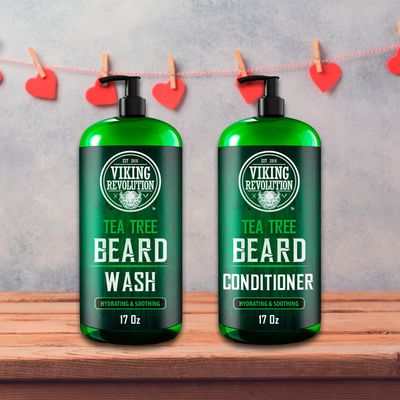 Viking Revolution Tea Tree Oil Beard Wash and Beard Conditioner For Men - Natural Beard Softener Set with Argan Oil, Vitamin E and Ginseng - Beard Shampoo and Conditioner Set (17 Oz)