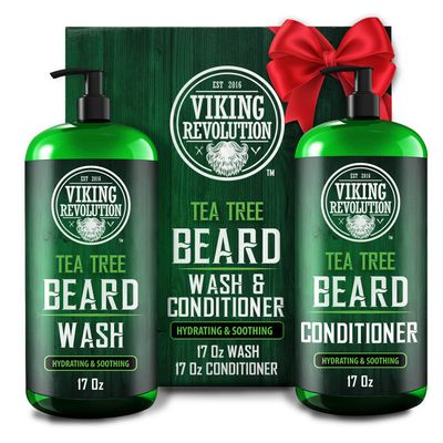 Viking Revolution Tea Tree Oil Beard Wash and Beard Conditioner For Men - Natural Beard Softener Set with Argan Oil, Vitamin E and Ginseng - Beard Shampoo and Conditioner Set (17 Oz)