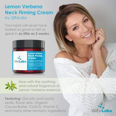 QRxLabs Lemon Verbena Neck Firming Cream - Tightening &amp; Lifting Moisturizer for Loose, Wrinkled or Sagging Skin on Neck, Decollete &amp; Chest - Best to Prevent Turkey/Crepe Neck - 2 fl oz