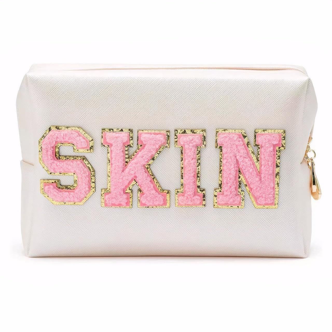 Lcpadri Preppy Makeup Bag, Stuff Bag Preppy Travel Makeup Organizer Patch Large Varsity Stoney Clover Skin Care Cosmetic Toiletry Bag, PU Leather Waterproof Portable Pouch Storage Purse