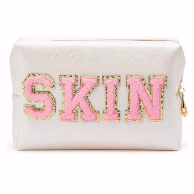Lcpadri Preppy Makeup Bag, Stuff Bag Preppy Travel Makeup Organizer Patch Large Varsity Stoney Clover Skin Care Cosmetic Toiletry Bag, PU Leather Waterproof Portable Pouch Storage Purse