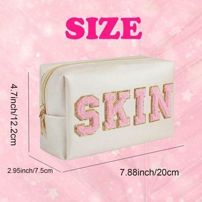 Lcpadri Preppy Makeup Bag, Stuff Bag Preppy Travel Makeup Organizer Patch Large Varsity Stoney Clover Skin Care Cosmetic Toiletry Bag, PU Leather Waterproof Portable Pouch Storage Purse