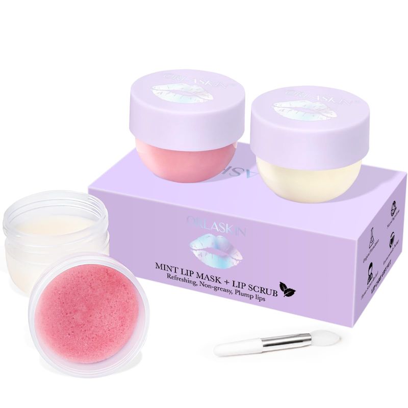 ORLASKIN Lip Mask &amp; Lip Scrubber Exfoliator Lip Sleeping Mask Overnight for Dark Lips to Lighten Moisturizer Lip Butter Balm for Dry Chapped Cracked Peel Lips Skin CareMint Flavor