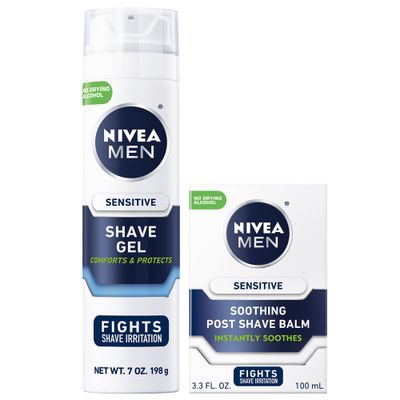 NIVEA MEN Sensitive Shaving Set for Men with Vitamin E, Pro-Vitamin B5 and Chamomile Extract, Shave Gel for Sensitive Skin, 7 Oz Can + Soothing Post Shave Balm, 3.3 Fl Oz Bottle