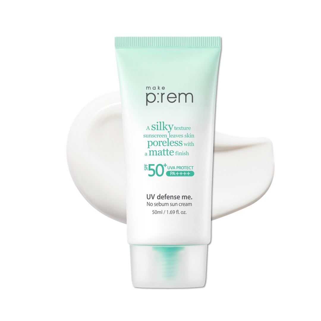 MAKE P:REM UV Defence me. No Sebum Sun Cream, SPF 50+ PA++++ Reef-Safe Korean Silky Texture Sunscreen with Poreless and Matte Finish, UVA/UVB Protection, 1.69 fl.oz./ 50ml