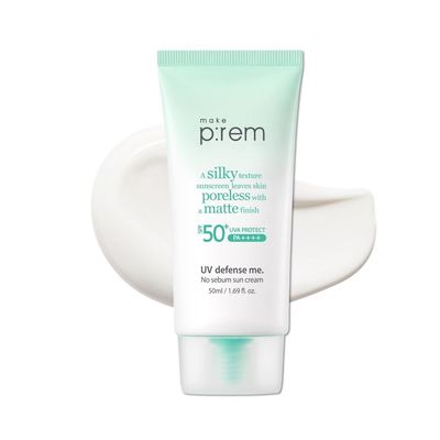 MAKE P:REM UV Defence me. No Sebum Sun Cream, SPF 50+ PA++++ Reef-Safe Korean Silky Texture Sunscreen with Poreless and Matte Finish, UVA/UVB Protection, 1.69 fl.oz./ 50ml