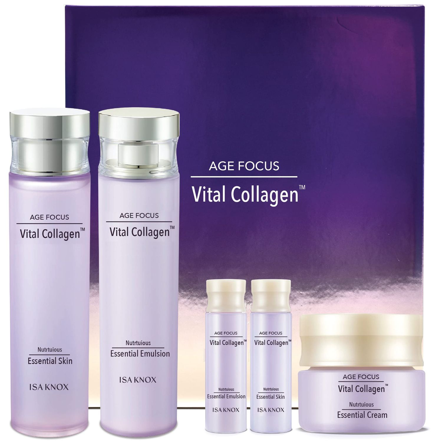ISA KNOX AGE FOCUS VITAL COLLAGEN SKINCARE GIFT SET (370ml / 12.51 Fl Oz) - Korean Luxury Premium High-end Skin Toner, Emulsion Lotion, Cream by LG BEAUTY. Hydrolyzed Collagen, Vitamin B12, E, C.
