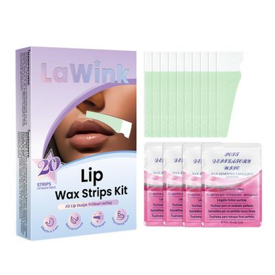 LaWink Lip Wax Strips Kit Cold Wax Strips Facial Hair Removal 20 Strips 4 Calming Oil Wipes for Sensitive Skin Types Women