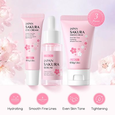 LAIKOU Skin Care Set JAPAN SAKURA Women Beauty Gift Sets Skin Care Kit with Serum, Eye Cream, Face Cream Travel Kit for Women Wife Mom Teen Girls TSA-friendly Sizes Birthday Gift 3pcs