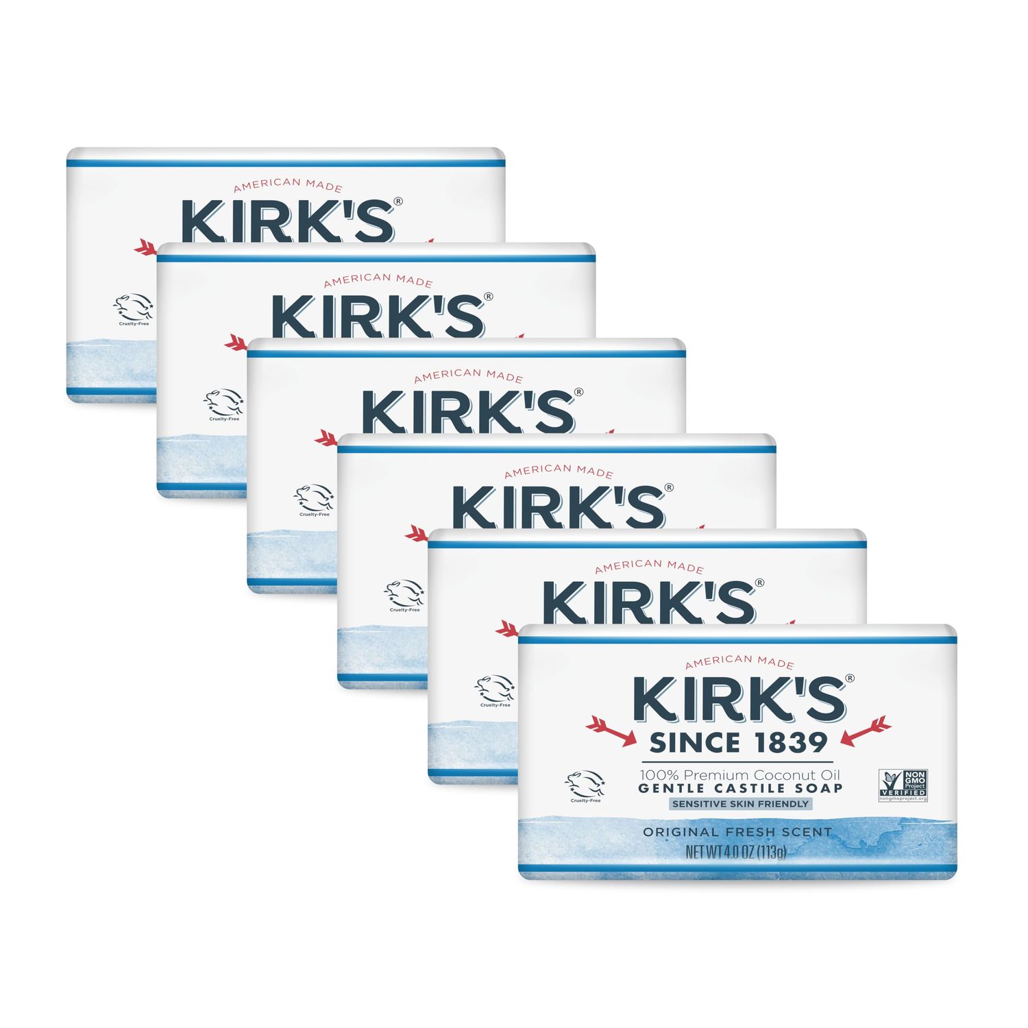 Kirk&#39;s Castile Bar Soap for Men, Women &amp; Children - Made With Premium Coconut Oil, Sensitive Skin Formula, Vegan, Non GMO, Original Fresh Scent, 4 oz. Bars, 6 Pack