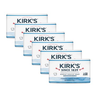 Kirk&#39;s Castile Bar Soap for Men, Women &amp; Children - Made With Premium Coconut Oil, Sensitive Skin Formula, Vegan, Non GMO, Original Fresh Scent, 4 oz. Bars, 6 Pack