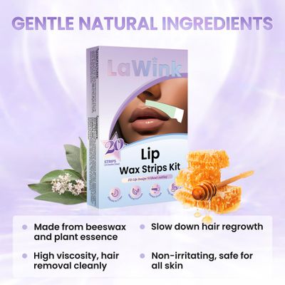 LaWink Lip Wax Strips Kit Cold Wax Strips Facial Hair Removal 20 Strips 4 Calming Oil Wipes for Sensitive Skin Types Women
