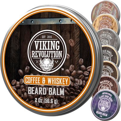 Viking Revolution Coffee Whiskey Beard Balm for Men - Beard Butter for Men with Argan Oil and Jojoba Oil - Beard Softener and Beard Moisturizer for Men Beard Styling Balm (1 Pack, 2oz)