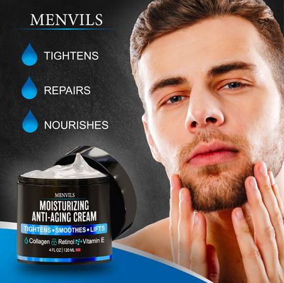 Mens Face Moisturizer Cream - Anti Aging & Wrinkle for Men with Collagen, Retinol, Vitamins E, Jojoba Oil - Face Lotion - Age Facial Skin Care - Eye Wrinkle - Day & Night - Made in USA, 4 oz