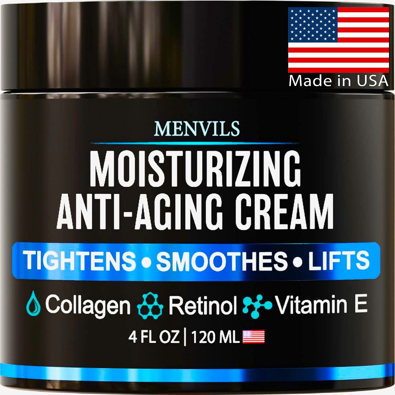 Mens Face Moisturizer Cream - Anti Aging &amp; Wrinkle for Men with Collagen, Retinol, Vitamins E, Jojoba Oil - Face Lotion - Age Facial Skin Care - Eye Wrinkle - Day &amp; Night - Made in USA, 4 oz