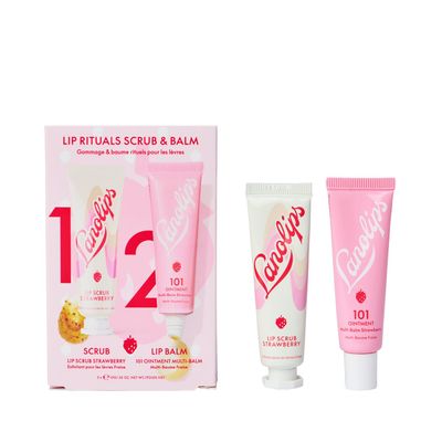 Lanolips Strawberry Lip Scrub &amp; Lip Balm Set - Lip Rituals Lip Care Kit Infused with Pure Lanolin &amp; Strawberry Extract - Gently Smoothes and Hydrates Dry Skin (2 Count)