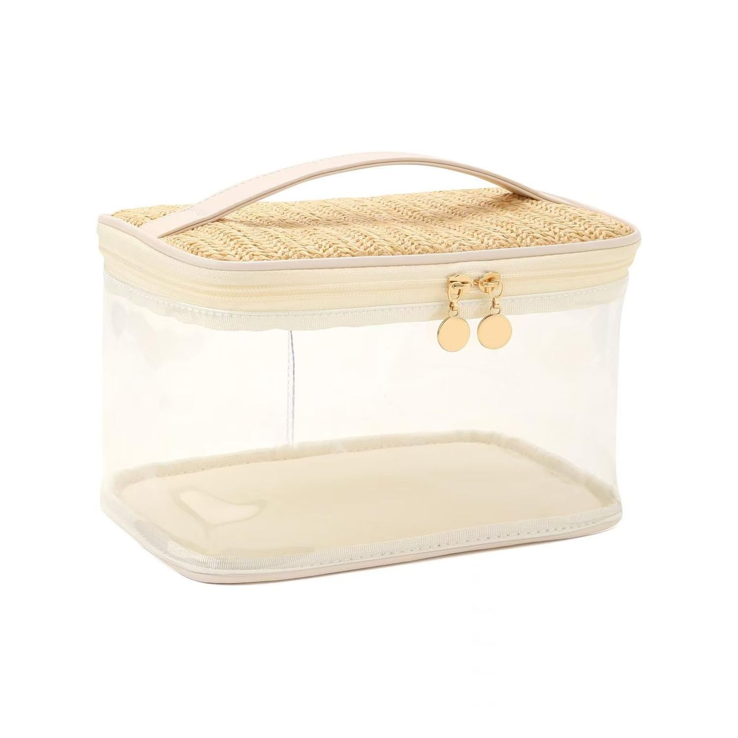 RSRSLEII Boho Large Clear PVC Waterproof Makeup Bag with handle, Transparent Zipper Cosmetic Bag for Travel, Beach Bag for Sun screen Skincare (01Large size-Beige)