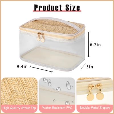 RSRSLEII Boho Large Clear PVC Waterproof Makeup Bag with handle, Transparent Zipper Cosmetic Bag for Travel, Beach Bag for Sun screen Skincare (01Large size-Beige)