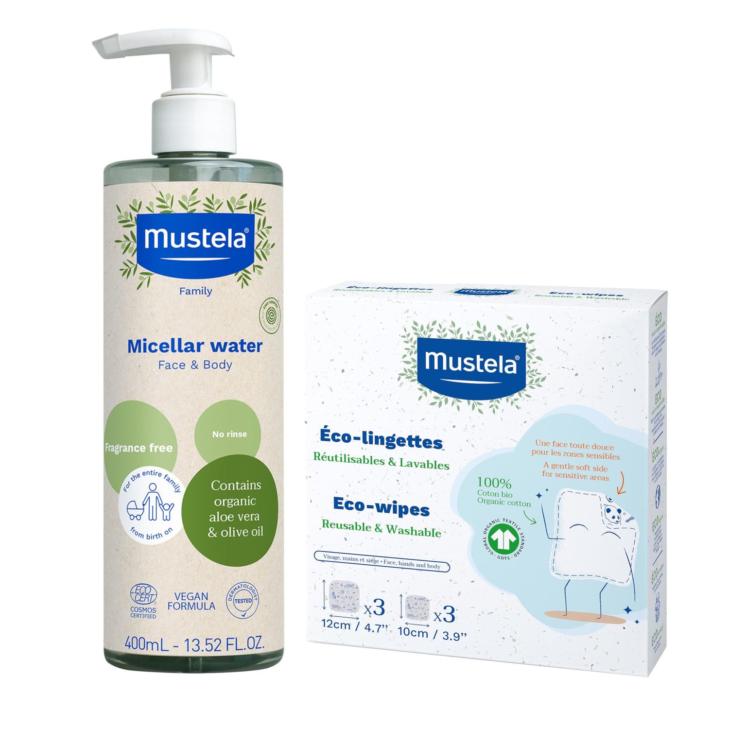 Mustela Certified Organic Micellar Cleansing Water &amp; Reusable 100% Cotton Eco-Wipes Bundle - For Makeup Removal or Baby Quick Cleanups