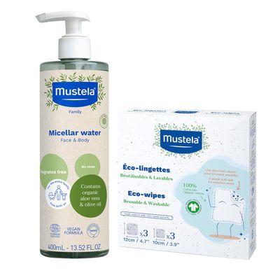 Mustela Certified Organic Micellar Cleansing Water &amp; Reusable 100% Cotton Eco-Wipes Bundle - For Makeup Removal or Baby Quick Cleanups