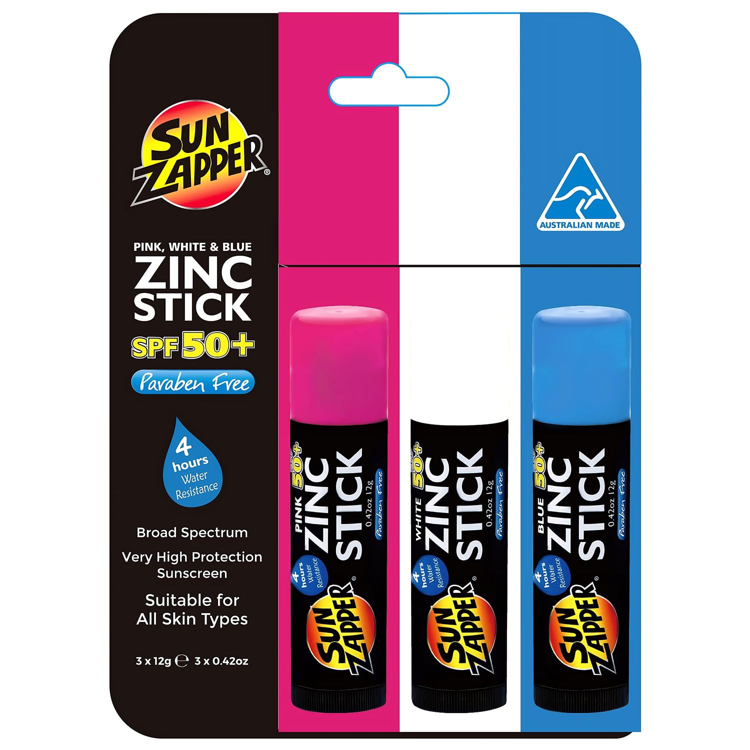 Sun Zapper Zinc Oxide Sunscreen - Pink, White &amp; Blue - SPF 50+ Very High Sun Protection Waterproof Sunblock for Face &amp; Body, Adults, Kids, Baby - Travel Stick