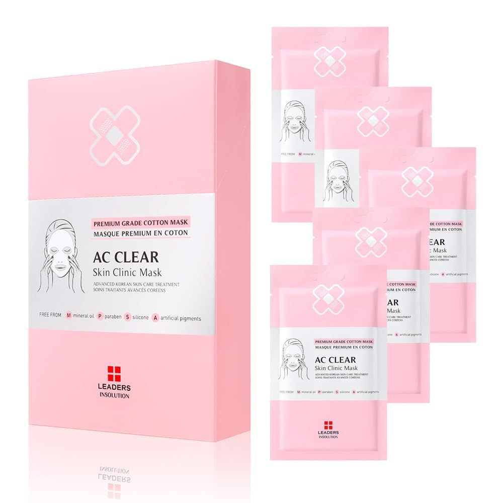 Leaders Insolution AC Clear Skin Clinic Mask | Snail Secretion &amp; Tea Tree Oil for Acne, Redness, Oil Control | 100% Cotton Bemliese Sheet | Balances &amp; Soothes Sensitive Skin (5 Sheets)