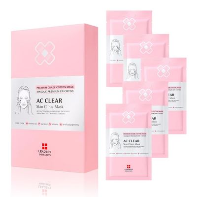 Leaders Insolution AC Clear Skin Clinic Mask | Snail Secretion &amp; Tea Tree Oil for Acne, Redness, Oil Control | 100% Cotton Bemliese Sheet | Balances &amp; Soothes Sensitive Skin (5 Sheets)