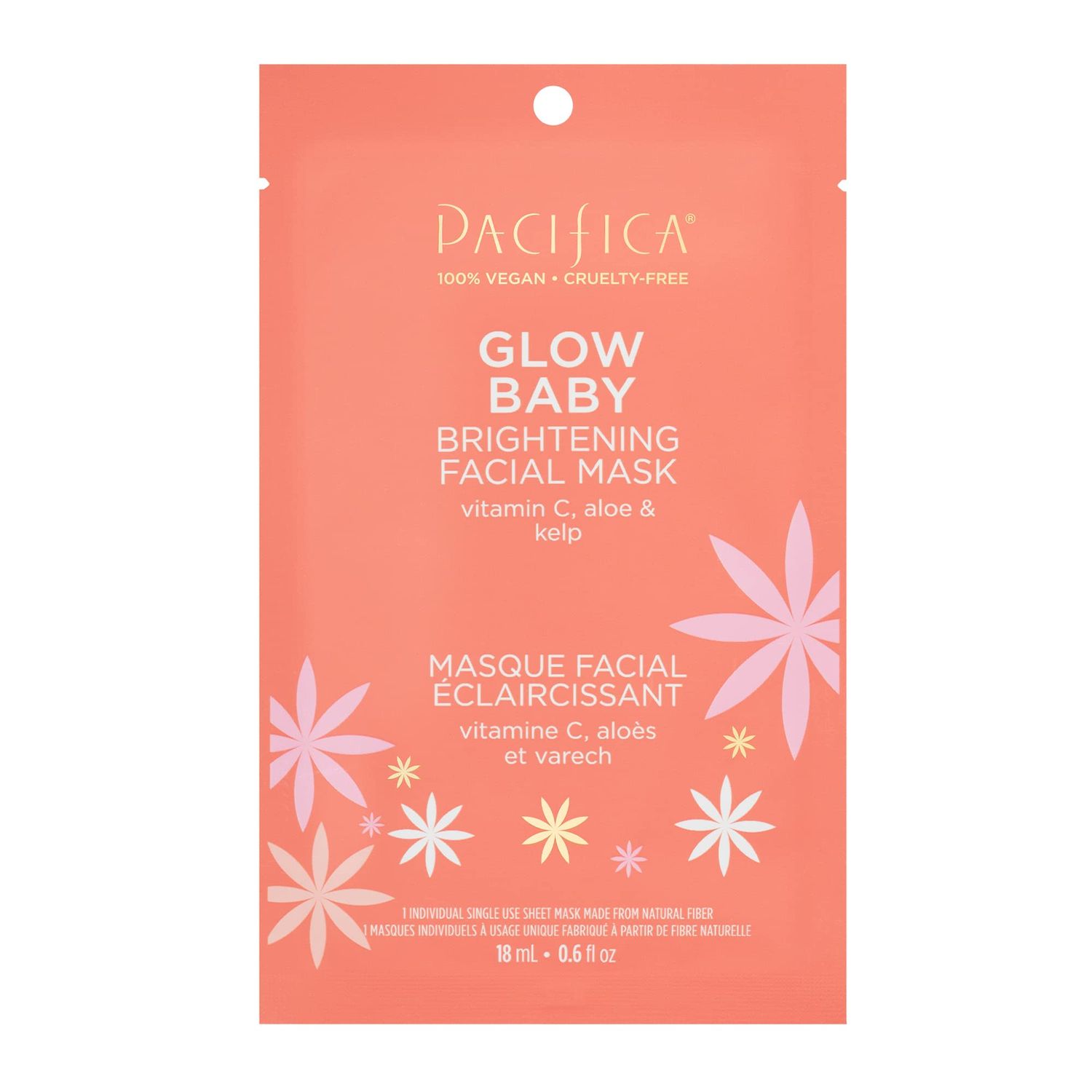 Pacifica Sheet Face Mask - Glow Baby Brightening Facial Mask w/Vitamin C, Aloe &amp; Kelp - Cooling Mask for Dark Spots &amp; Fine Lines - Clean Beauty Vegan &amp; Cruelty-Free Dermatologist Tested
