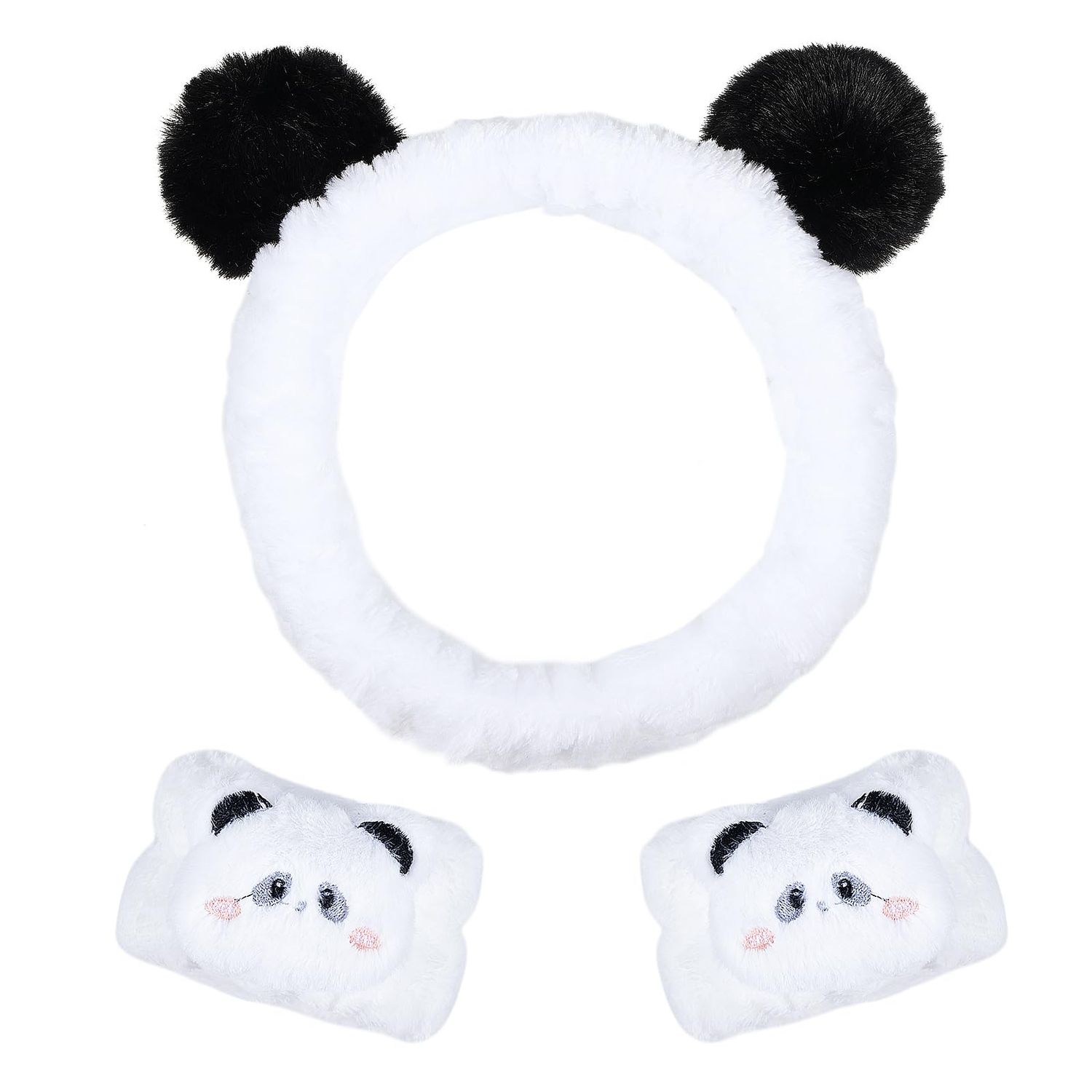 Miroksh Pom Pom Panda Ears Plush Wash Face Headband Spa Wrist Band Cuffs Hair Scrunchy Women Girls Facial Makeup Skincare Bath Head Wrap Kids Costume Party Supply Birthday Gift