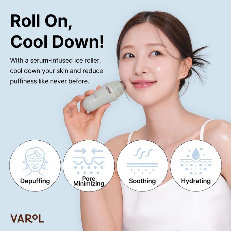 VAROL Ice Roll Serum for Face, Puffy Eyes - Hydrating &amp; Soothing Serum with Ice Roller for Puffiness Relief, Pore Minimizing, Korean Skin Care - 1.69 fl.oz (50ml)