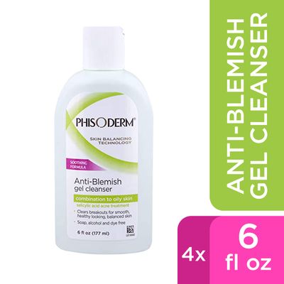 pHisoderm Anti-blemish Gel Cleanser, for Oily, Combo and Acne-prone Skin, 6 Fluid Ounce Bottle (Pack of 4)