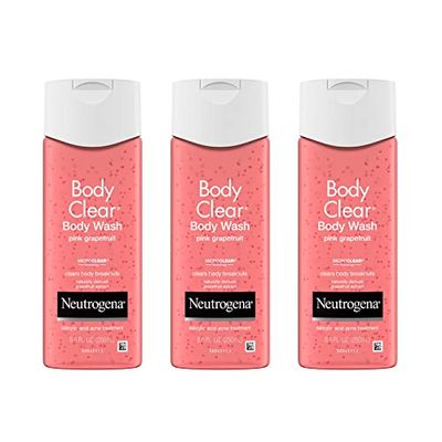 Neutrogena Body Clear Acne Treatment Body Wash with Salicylic Acid Acne Medicine, Pink Grapefruit Body Acne Cleanser to Prevent Breakouts on Back, Chest &amp; Shoulders, 8.5 fl. oz, 3 Pack