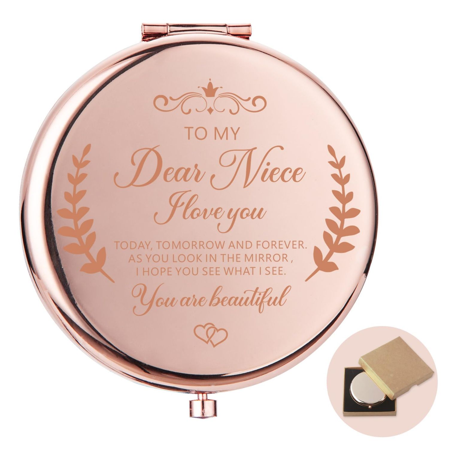 Lcoanriut Niece Gifts from Auntie Compact Mirror, Rose Gold Compact Mirror for Purses, Graduation Birthday for Her, Small Travel Makeup Mirror Niece Gifts from Auntie Uncle