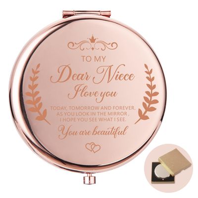 Lcoanriut Niece Gifts from Auntie Compact Mirror, Rose Gold Compact Mirror for Purses, Graduation Birthday for Her, Small Travel Makeup Mirror Niece Gifts from Auntie Uncle