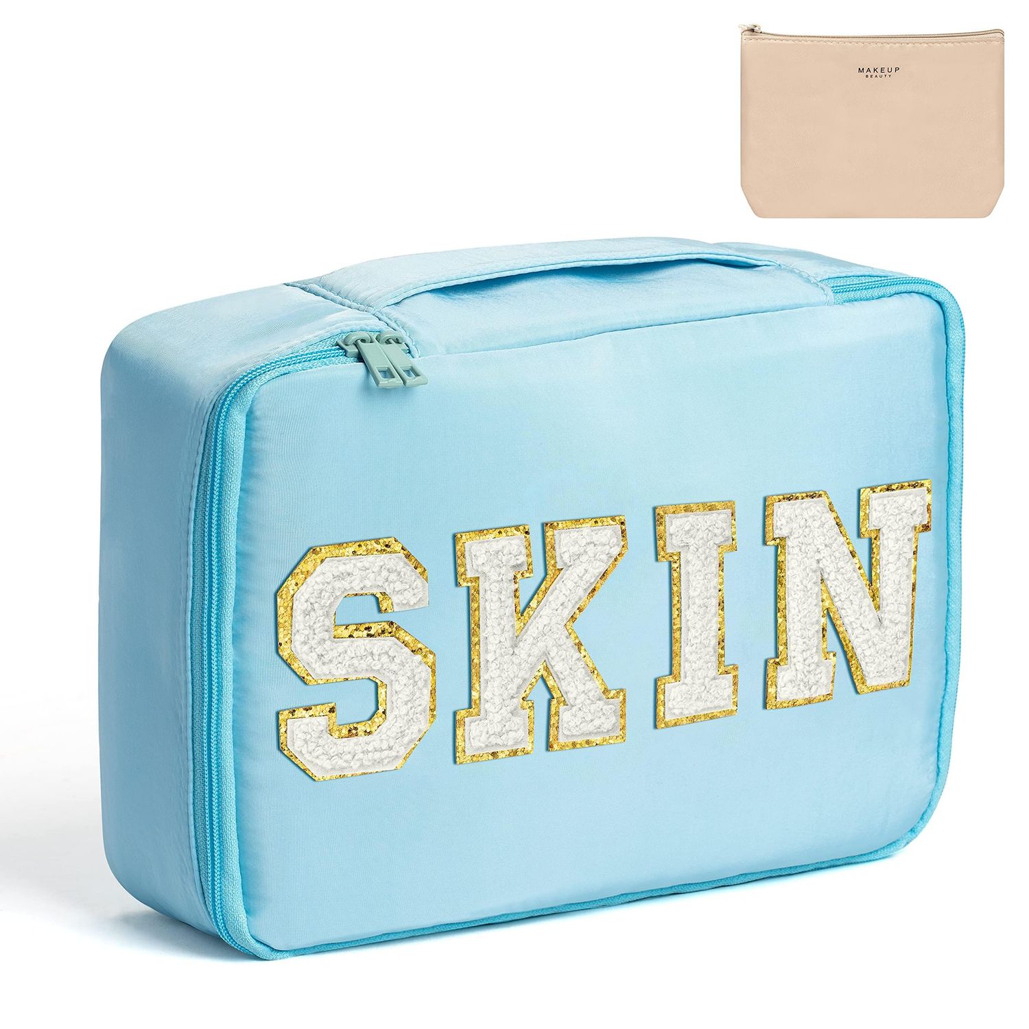 Preppy Patch SKIN Cosmetic Bag Valentine&#39;s Day Makeup Bag Large Capacity Travel Toiletry Bag with Brush Bags Toiletry Bag Multifunction Waterproof Organizer Make Up Bag New Year Gifts(Blue)