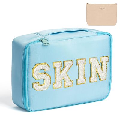 Preppy Patch SKIN Cosmetic Bag Valentine&#39;s Day Makeup Bag Large Capacity Travel Toiletry Bag with Brush Bags Toiletry Bag Multifunction Waterproof Organizer Make Up Bag New Year Gifts(Blue)